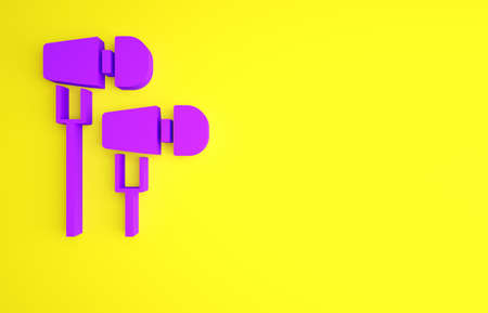Purple Air headphones icon icon isolated on yellow background. Holder wireless in case earphones garniture electronic gadget. Minimalism concept. 3d illustration 3D renderの写真素材
