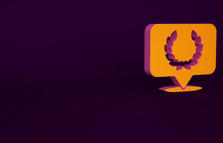 Orange Laurel wreath icon isolated on purple background. Triumph symbol. Minimalism concept. 3d...