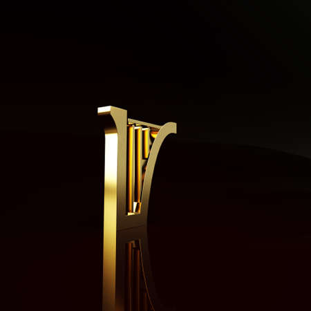 Gold Harp icon isolated on brown background. Classical music instrument, orhestra string acoustic element. Minimalism concept. 3d illustration 3D renderの写真素材