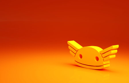 Yellow Helmet with wings icon isolated on orange background.  Minimalism concept. 3d illustration 3D renderの写真素材