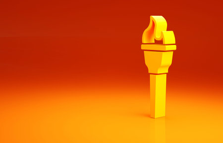 Yellow Torch flame icon isolated on orange background. Symbol fire hot, flame power, flaming and heat. Minimalism concept. 3d illustration 3D renderの写真素材
