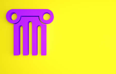 Purple Ancient column icon isolated on yellow background. Minimalism concept. 3d illustration 3D renderの写真素材