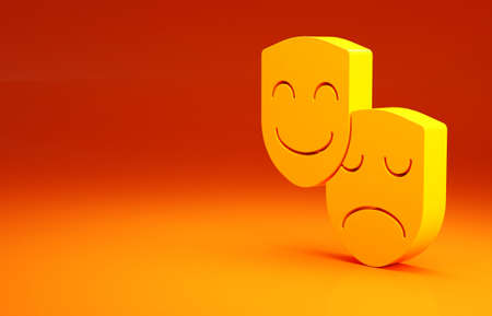 Yellow Comedy and tragedy theatrical masks icon isolated on orange background. Minimalism concept. 3d illustration 3D renderの写真素材