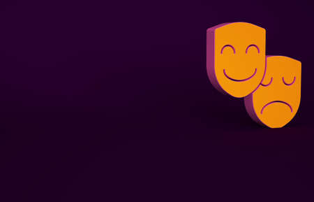 Orange Comedy and tragedy theatrical masks icon isolated on purple background. Minimalism concept. 3d illustration 3D renderの写真素材