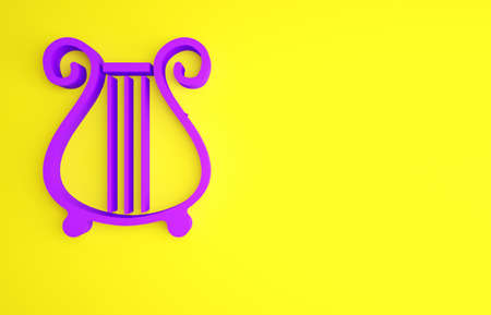 Purple Ancient Greek lyre icon isolated on yellow background. Classical music instrument, orhestra string acoustic element. Minimalism concept. 3d illustration 3D renderの写真素材