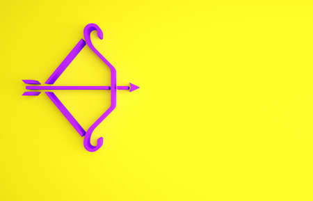 Purple Medieval bow with arrow icon isolated on yellow background. Medieval weapon. Minimalism concept. 3d illustration 3D renderの写真素材