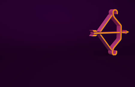Orange Medieval bow with arrow icon isolated on purple background. Medieval weapon. Minimalism concept. 3d illustration 3D renderの写真素材
