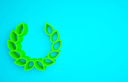 Green Laurel wreath icon isolated on blue background. Triumph symbol. Minimalism concept. 3d...