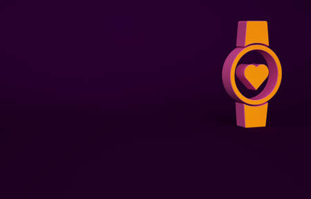 Orange Smart watch showing heart beat rate icon isolated on purple background. Fitness App concept. Minimalism concept. 3d illustration 3D renderの写真素材