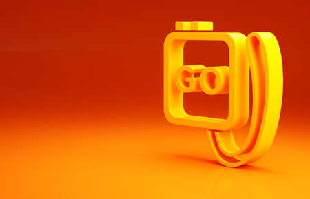 Yellow Stopwatch icon isolated on orange background. Time timer sign. Chronometer sign. Minimalism concept. 3d illustration 3D renderの写真素材