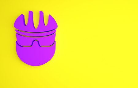 Purple Bicycle helmet icon isolated on yellow background. Extreme sport. Sport equipment. Minimalism concept. 3d illustration 3D renderの写真素材