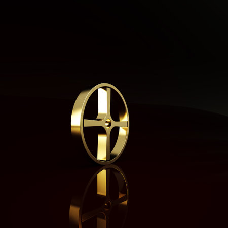 Gold Bicycle wheel icon isolated on brown background. Bike race. Extreme sport. Sport equipment. Minimalism concept. 3d illustration 3D renderの写真素材