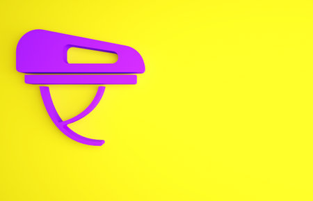 Purple Bicycle helmet icon isolated on yellow background. Extreme sport. Sport equipment. Minimalism concept. 3d illustration 3D renderの写真素材