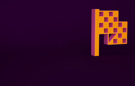 Orange Checkered flag icon isolated on purple background. Racing flag. Minimalism concept. 3d...