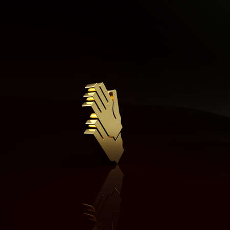 Gold Rubber gloves icon isolated on brown background. Latex hand protection sign. Housework cleaning equipment symbol. Minimalism concept. 3d illustration 3D renderの写真素材