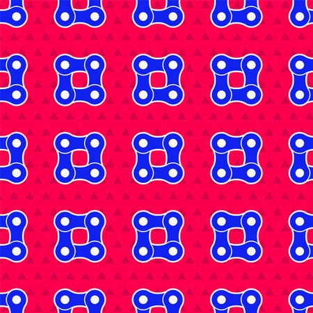 Blue Bicycle chain icon isolated seamless pattern on red background. Bike chain sprocket...