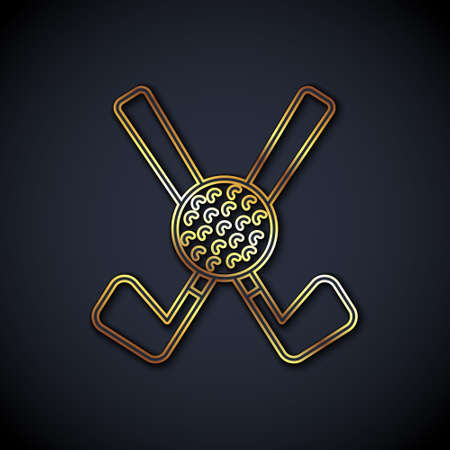 Gold line Crossed golf club with ball icon isolated on black background. Vectorのイラスト素材
