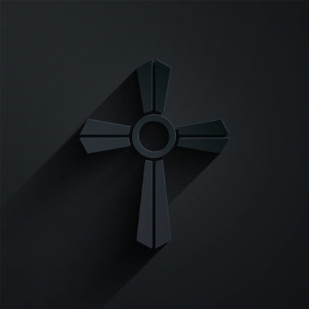 Paper cut Tombstone with cross icon isolated on black background. Grave icon. Paper art style. Vectorのイラスト素材