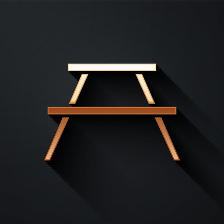 Gold Picnic table with benches on either side of the table icon isolated on black background. Long shadow style. Vectorのイラスト素材