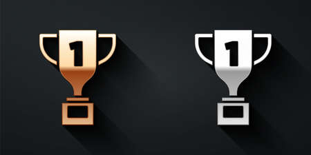 Gold and silver Award cup icon isolated on black background. Winner trophy symbol. Championship or competition trophy. Sports achievement sign. Long shadow style. Vectorのイラスト素材