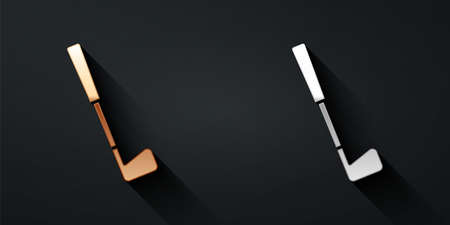 Gold and silver Golf club icon isolated on black background. Long shadow style. Vectorのイラスト素材