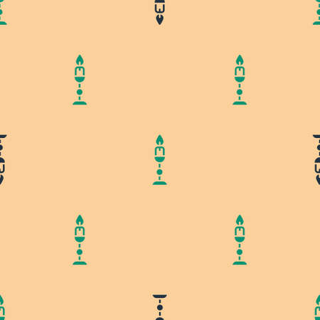 Green and black Burning candle in candlestick icon isolated seamless pattern on beige background. Old fashioned lit candle. Cylindrical candle stick with burning flame. Vectorのイラスト素材