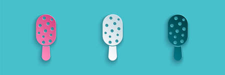 Paper cut Ice cream on stick icon isolated on blue background. Sweet symbol. Paper art style. Vectorのイラスト素材