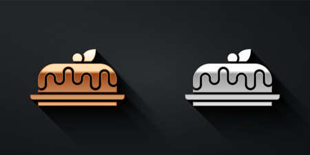 Gold and silver Cake icon isolated on black background. Happy Birthday. Long shadow style. Vectorのイラスト素材