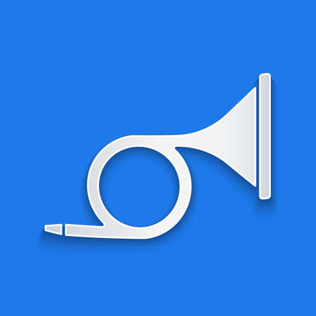Paper cut Musical instrument trumpet icon isolated on blue background. Paper art style. Vectorのイラスト素材