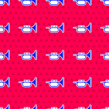 Blue Musical instrument trumpet icon isolated seamless pattern on red background. Vectorのイラスト素材