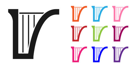 Black Harp icon isolated on white background. Classical music instrument, orhestra string acoustic element. Set icons colorful. Vectorのイラスト素材