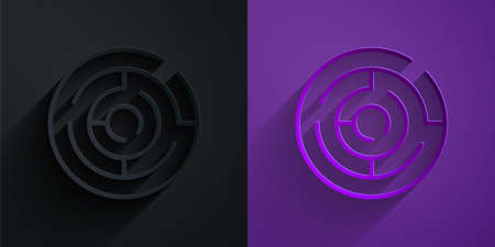 Paper cut Minotaur maze or labyrinth icon isolated on black on purple background. Ancient Greek mythology. Paper art style. Vectorのイラスト素材