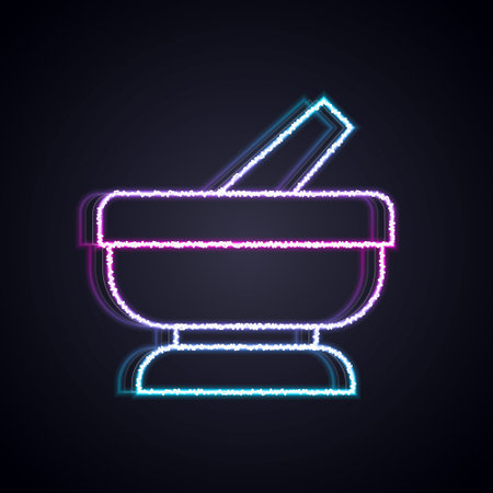 Glowing neon line Mortar and pestle icon isolated on black background. Vectorのイラスト素材