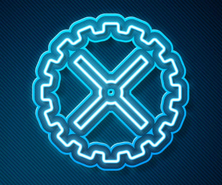 Glowing neon line Bicycle sprocket crank icon isolated on blue background. Vectorのイラスト素材