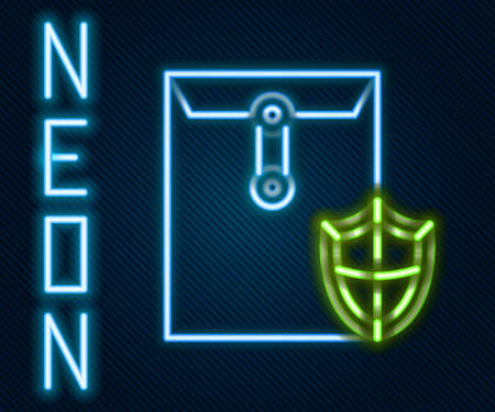 Glowing neon line Envelope with shield icon isolated on black background. Insurance concept. Security, safety, protection, protect concept. Colorful outline concept. Vector Illustrationのイラスト素材