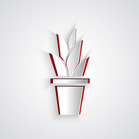 Paper cut Plant in pot icon isolated on grey background. Plant growing in a pot. Potted plant sign. Paper art style. Vector Illustrationのイラスト素材