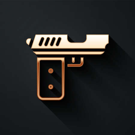Gold Pistol or gun icon isolated on black background. Police or military handgun. Small firearm. Long shadow style. Vectorのイラスト素材