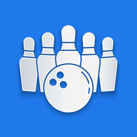 Paper cut Bowling pin and ball icon isolated on blue background. Sport equipment. Paper art style. Vectorのイラスト素材