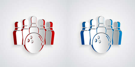 Paper cut Bowling pin and ball icon isolated on grey background. Sport equipment. Paper art style. Vectorのイラスト素材