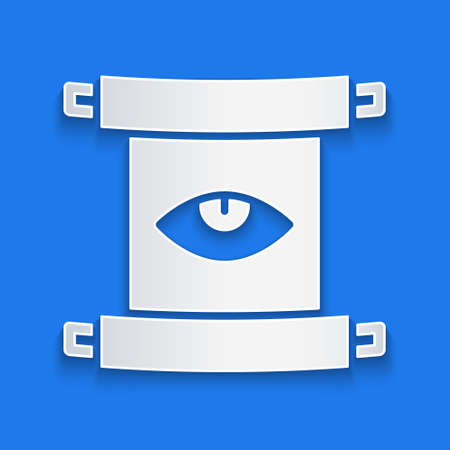 Paper cut Ancient magic scroll with alchemy recipes and mystic spells and enchantments icon isolated on blue background. Paper art style. Vectorのイラスト素材