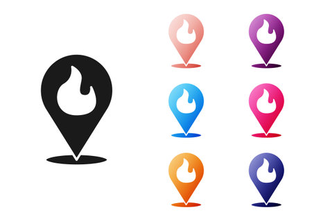 Paper cut Map pointer with fire flame icon isolated on grey background. Fire nearby. Paper art style. Vectorのイラスト素材