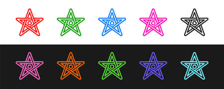 Set line Pentagram icon isolated on black and white background. Magic occult star symbol. Vectorのイラスト素材