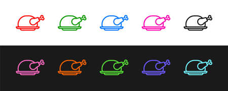 Set line Roasted turkey or chicken icon isolated on black and white background. Vectorのイラスト素材