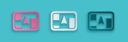 Paper cut Gps device with map icon isolated on blue background. Paper art style. Vector Illustration