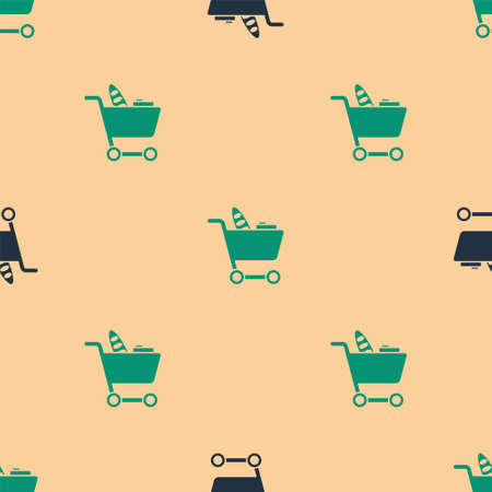 Green and black Shopping cart and food icon isolated seamless pattern on beige background. Food store, supermarket. Vector Illustrationのイラスト素材