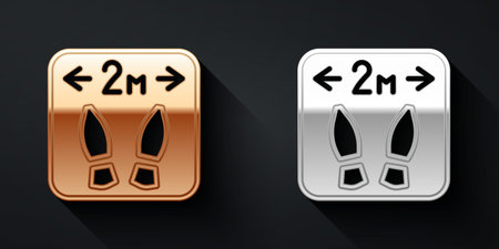 Gold and silver Safe distance icon isolated on black background. Viruses and people keeping distance...