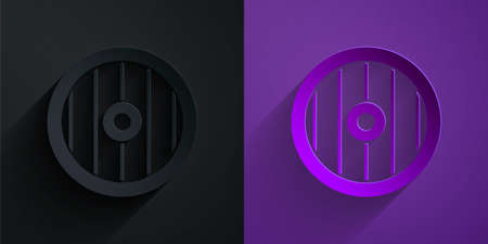 Paper cut Greek shield with greek ornament icon isolated on black on purple background. Paper art style. Vectorのイラスト素材