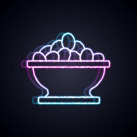 Glowing neon line Olives in bowl icon isolated on black background. Vectorのイラスト素材