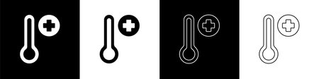 Set Meteorology thermometer measuring icon isolated on black and white background. Thermometer...