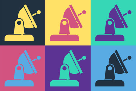 Pop art Satellite dish icon isolated on color background. Radio antenna, astronomy and space research. Vectorのイラスト素材